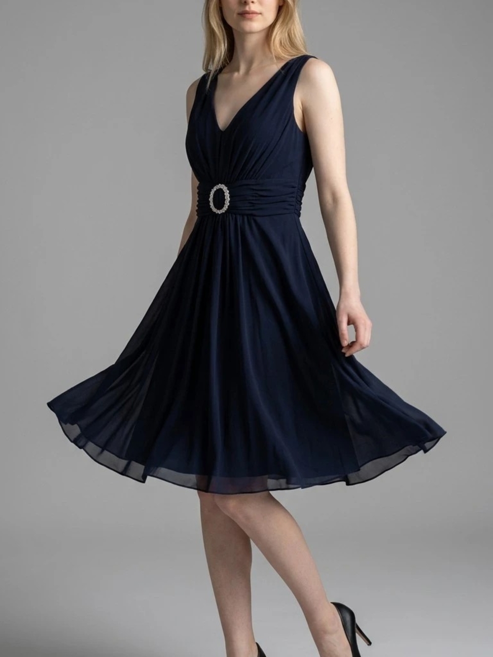 Elegant Navy V-Neck A-Line Dress with Rhinestone Waist Accent New With Tag